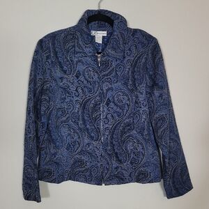 Vintage Dressbarn Tapestry Women Jacket Size M Blue Navy Paisley Zip Artsy